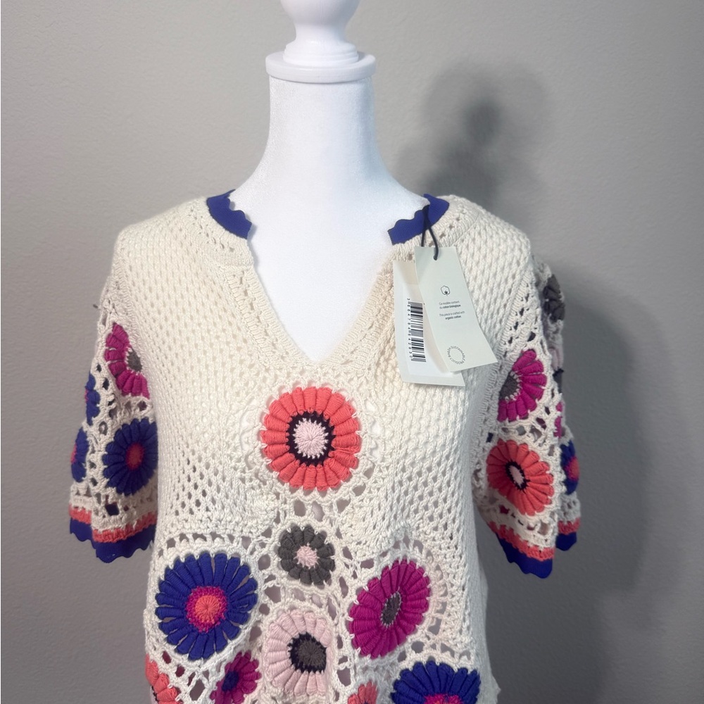 ba&sh Cream Crochet Sweater with Floral Accents -Size - L